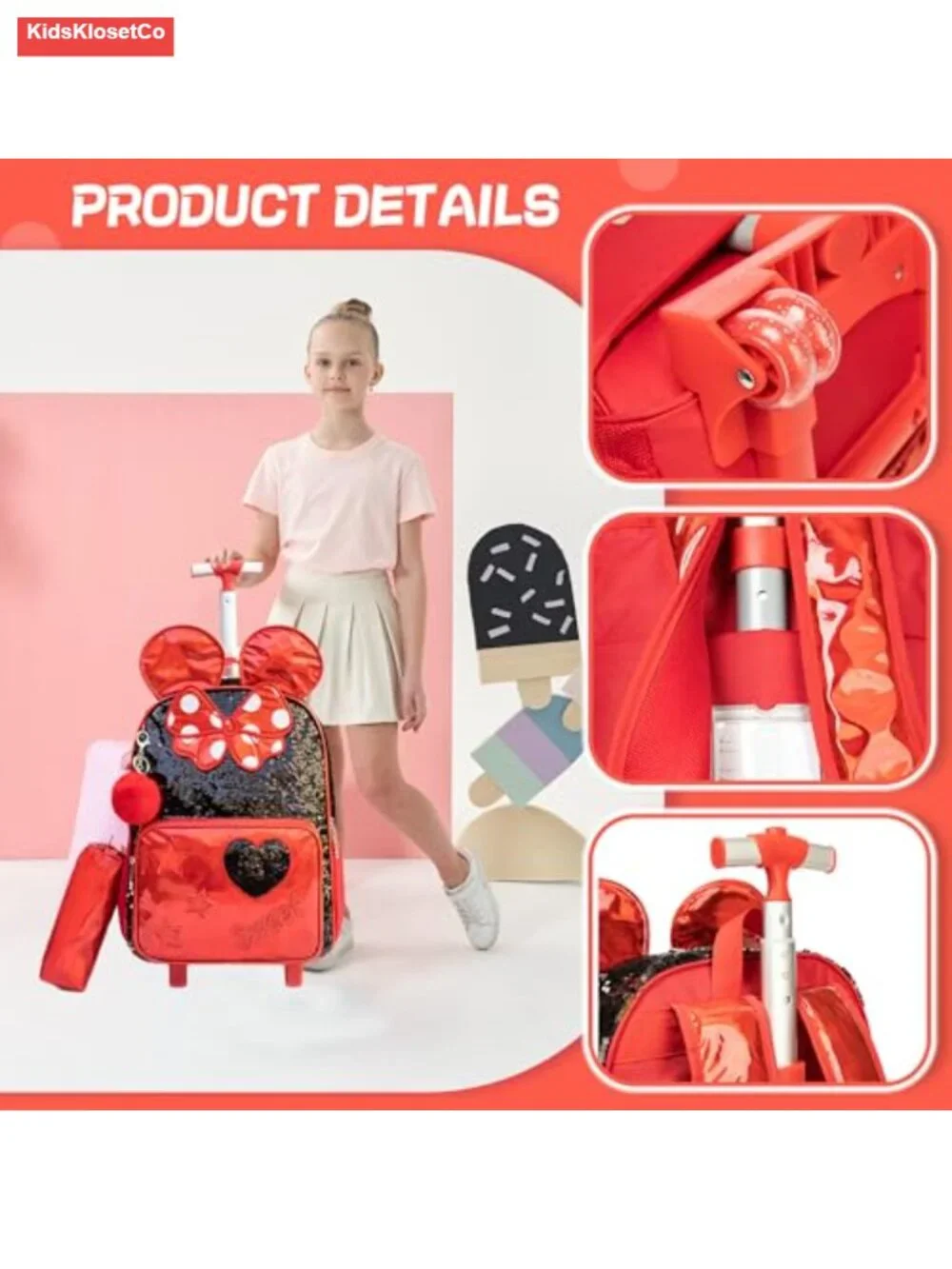Rolling Backpack for Girls with Lunch Box, 4 Wheels, Nylon, Lightweight, School